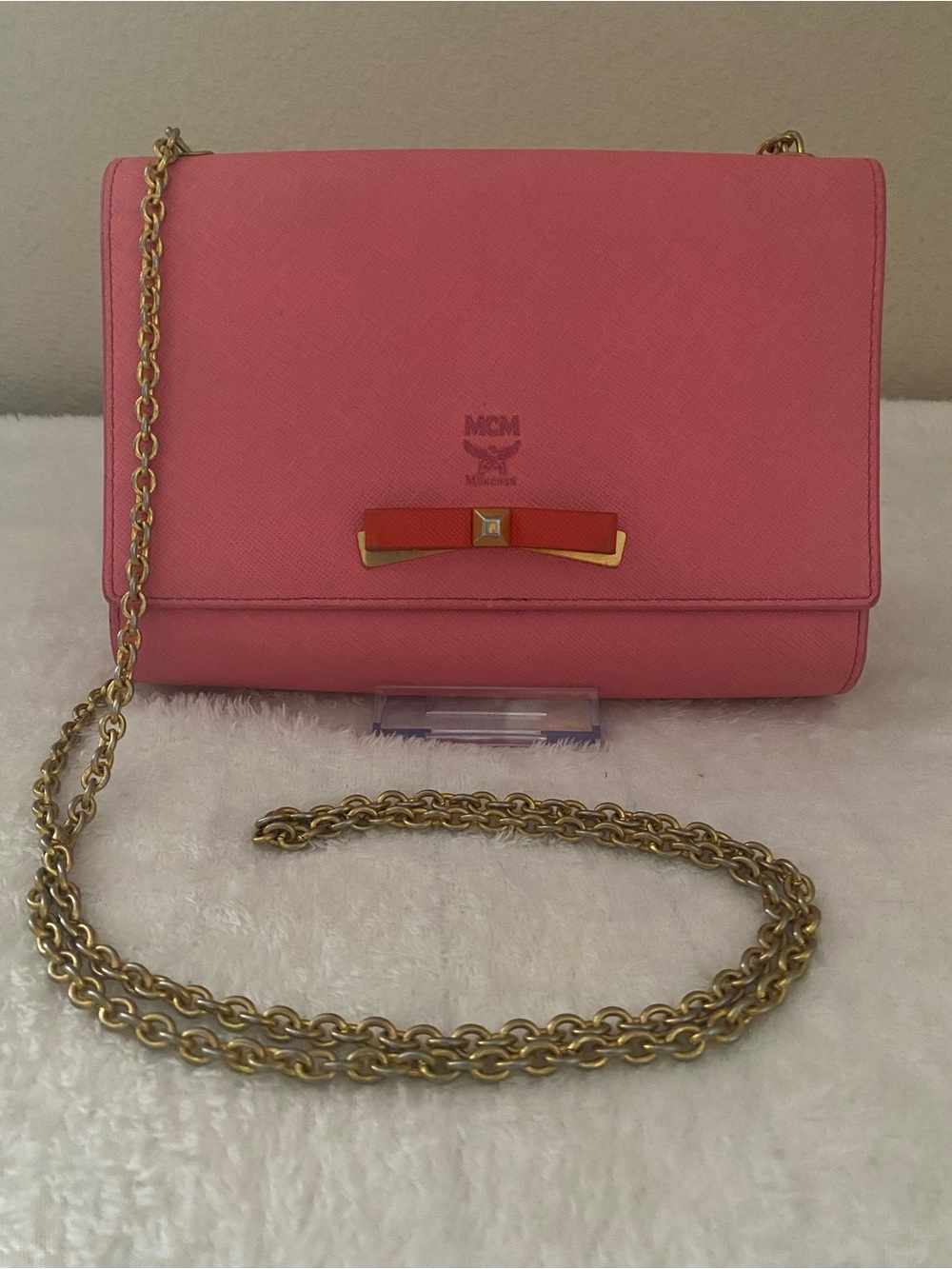 MCM Pink Leather Crossbody with Gold Chain and Bow Accent